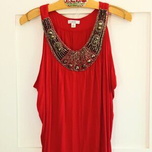 Cache Red Silver Beaded Sleeveless Tunic